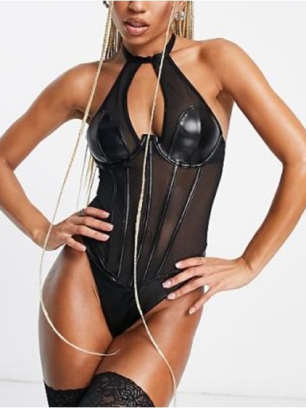 Ann Summers Black Flash Mesh Vinyl Corset Bodysuit NWOT